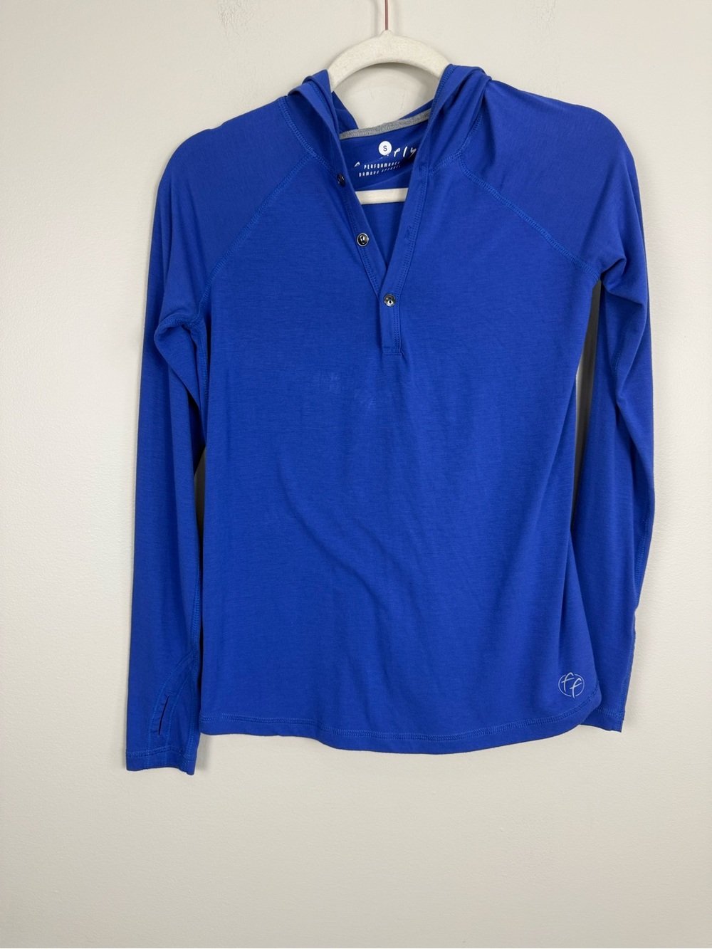 Free Fly Apparel Top Womens Small Hoodie Long Sleeve Thumbhole Top Bamboo Blue